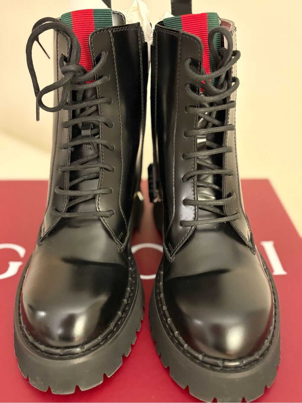 Gucci Women’s Black Leather Lace-Up Boots with Red and Green Web